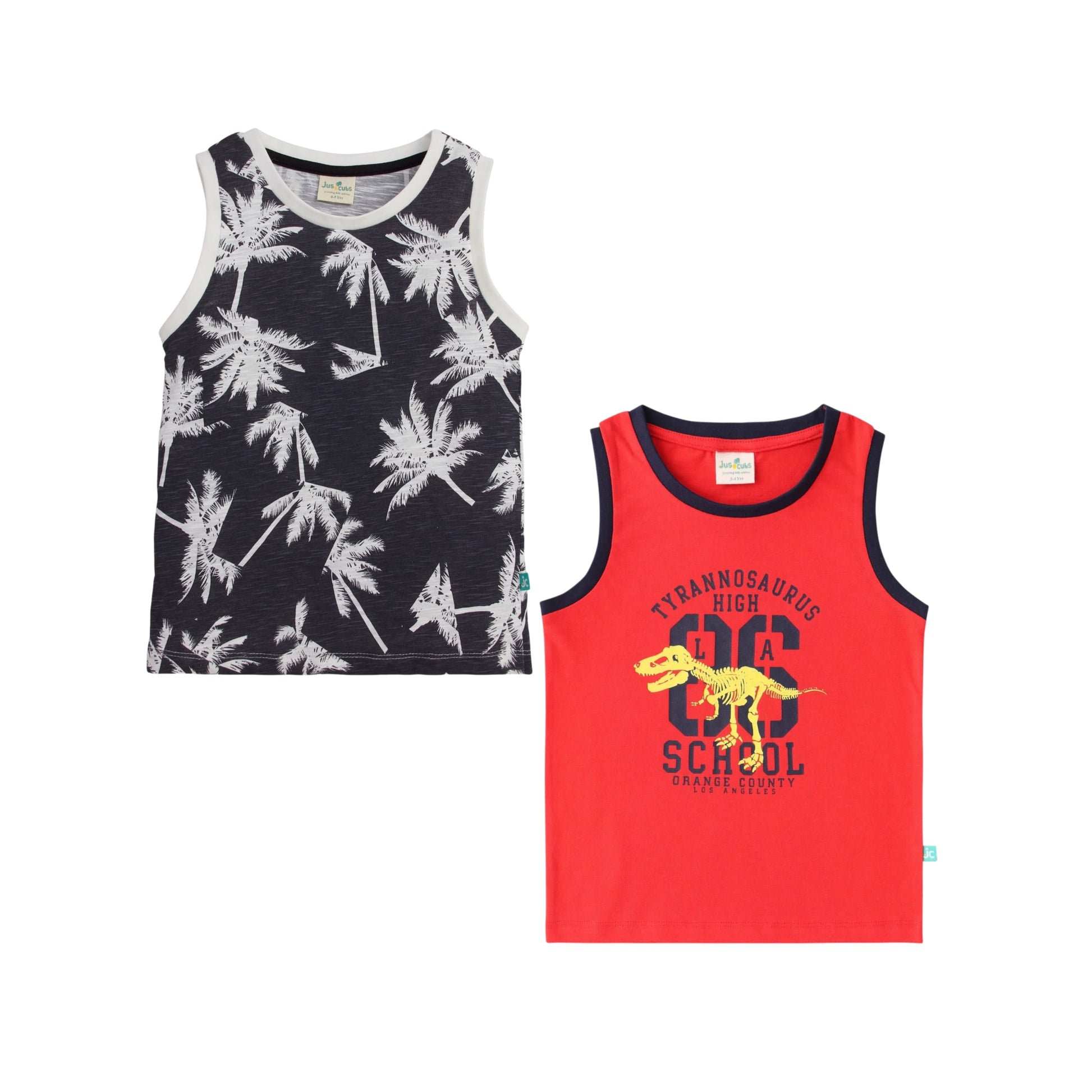 "Boys' 2-Pack T-shirt – Palm Tree & Dinosaur Print Sleeveless Tees (Black/Red)"