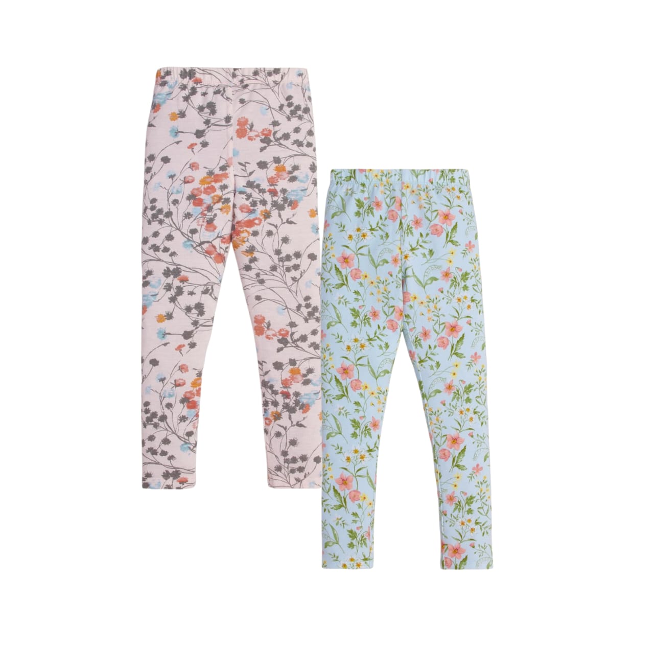 "Girls' Floral Print Leggings - Pack of 2 (Off-white & Green )"