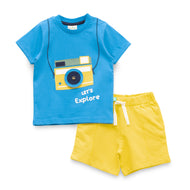 "Baby Boys Stylish Camera Graphic Blue T-shirt with Matching Yellow Shorts"