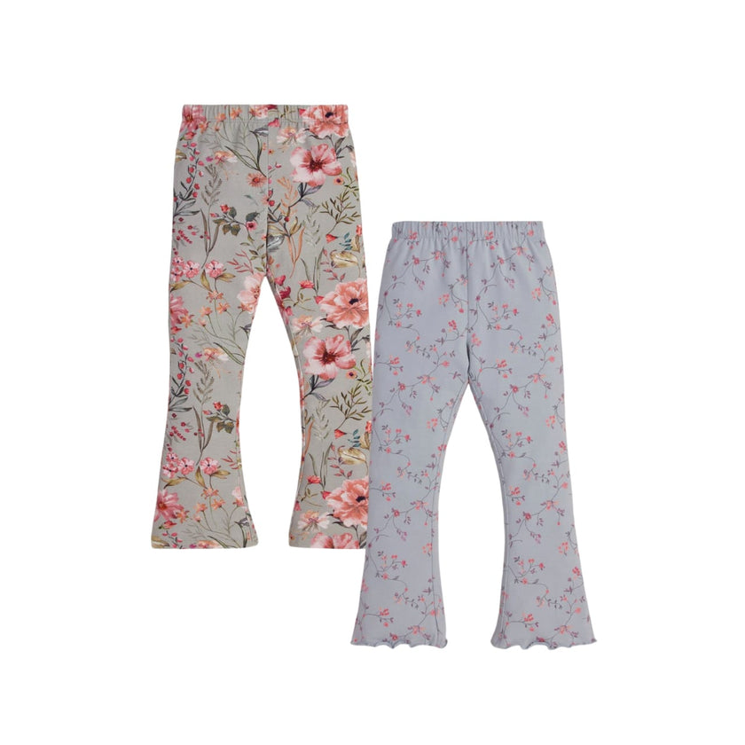 "Girls' Floral Bell-Bottom Leggings - Pack of 2 (Multcolor & Blue)"
