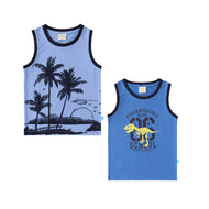 "Boys' 2-Pack Sleeveless T-shirt – Tropical Island & Dinosaur Print Tees (Blue/Royal Blue)"
