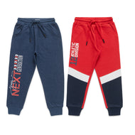 "Boys' Cotton Jogger Pants – Pack of 2 (Navy & Red) – Athletic Print & Colorblock Design"