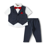 Baby Boys Navy Blue Party Wear 3-Piece Set – Shirt, Waistcoat, Bow Tie & Pants