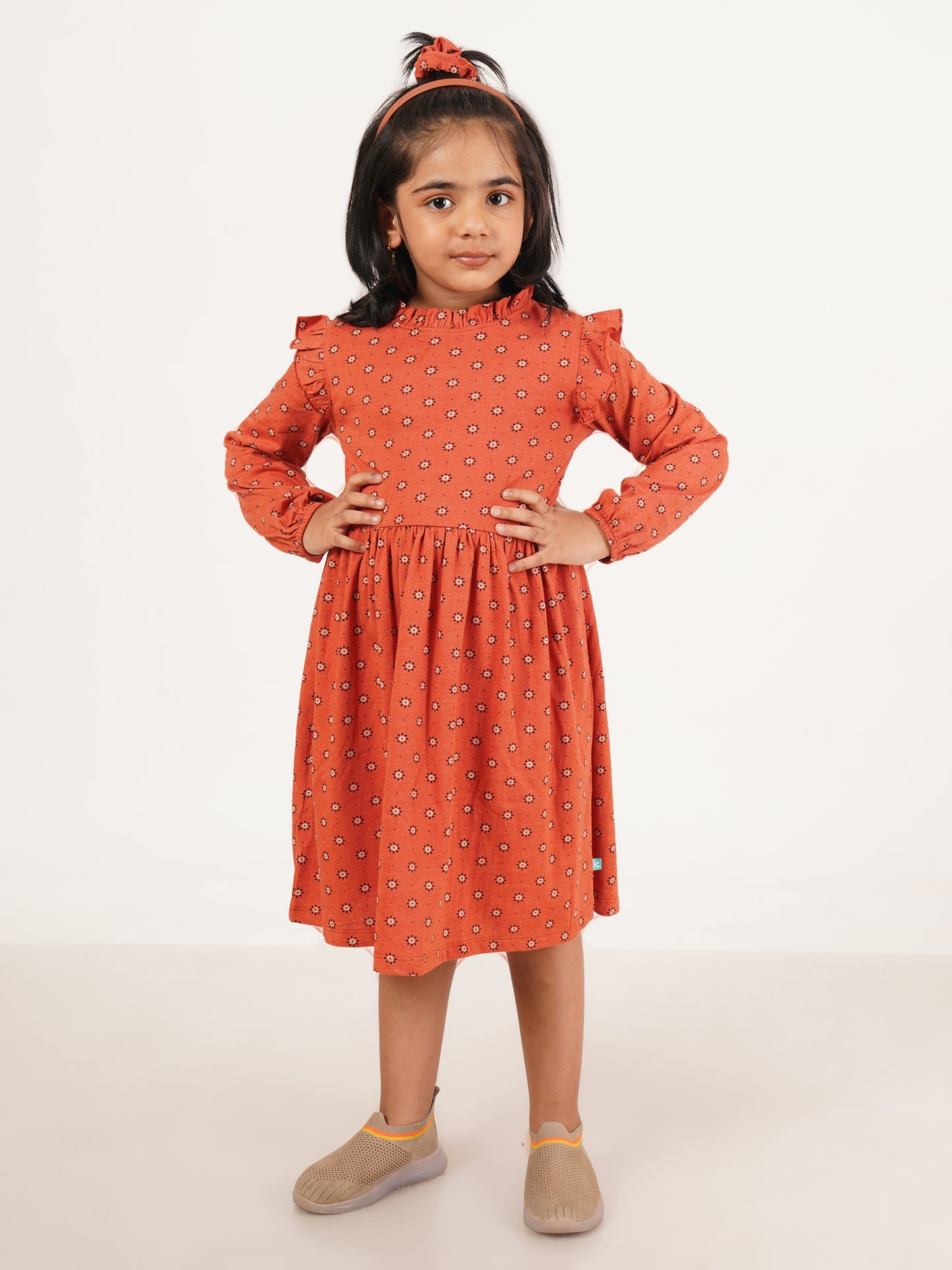 "Baby Girls' Red Floral Print Cotton Dress with Ruffle Details and Long Sleeves"