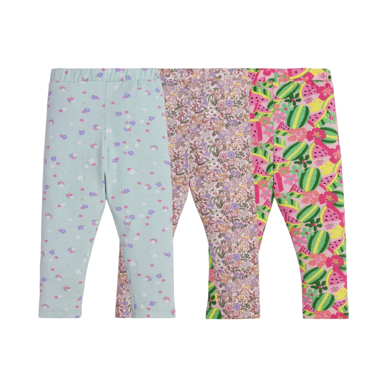 "Girls' Printed Cotton Leggings - Pack of 3 (Floral & Fruit Designs)"