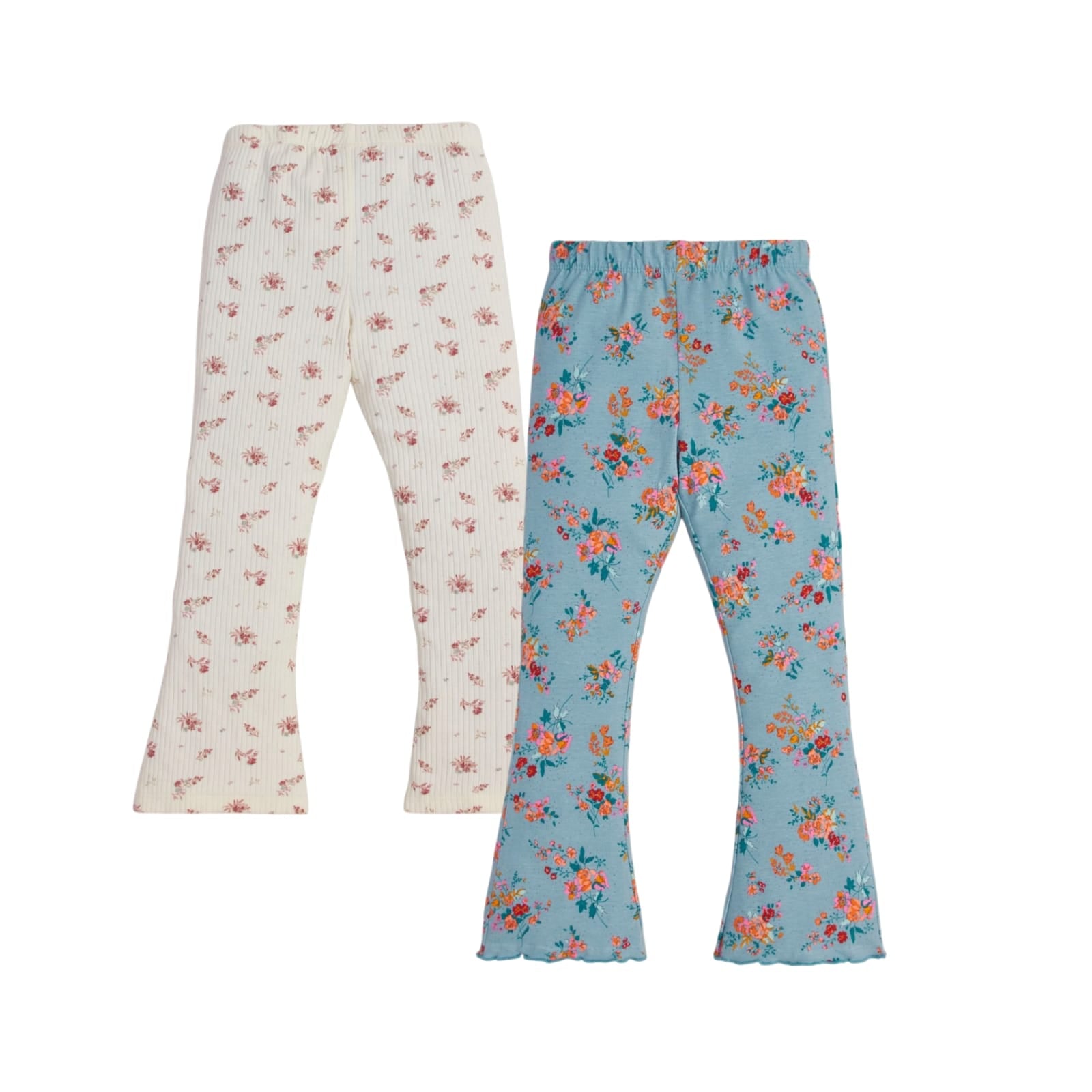 "Girls' Floral Flared Leggings - Pack of 2 (Cream & Teal Blue)"