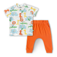"Baby Boys Cotton Animal Print T-Shirt & Orange Jogger Set – Comfortable Daily Wear Outfit"