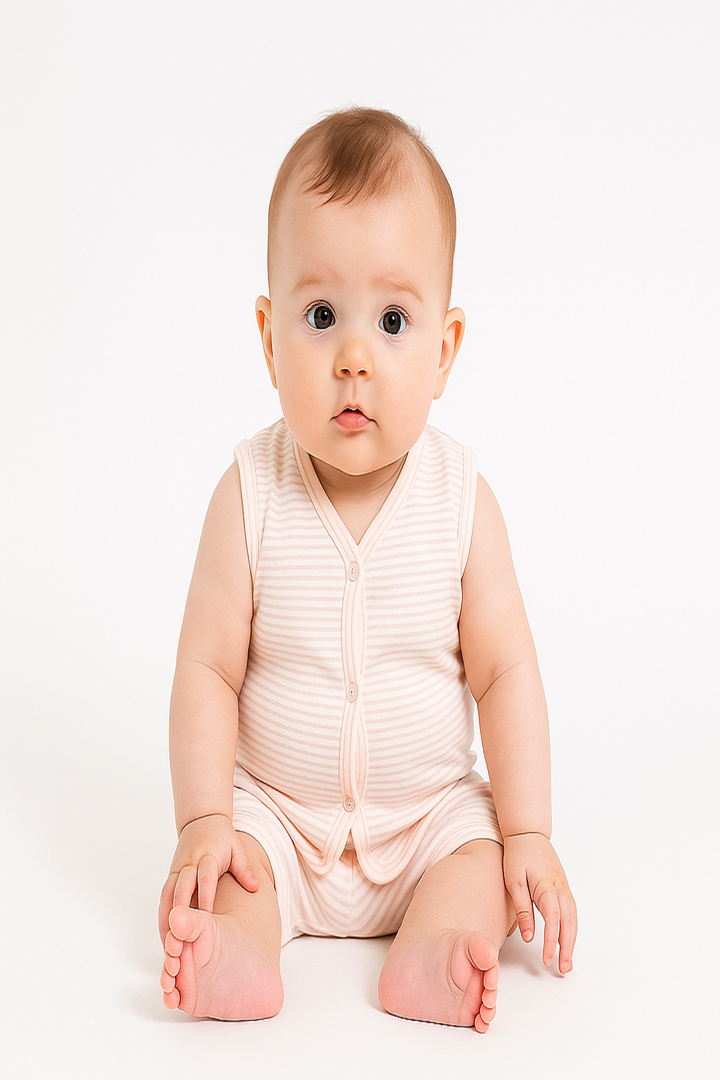 "Baby Sleeveless Cotton Vest & Shorts Set – Pastel Pink Striped"