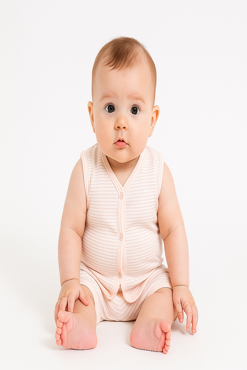 "Baby Sleeveless Cotton Vest & Shorts Set – Pastel Pink Striped"