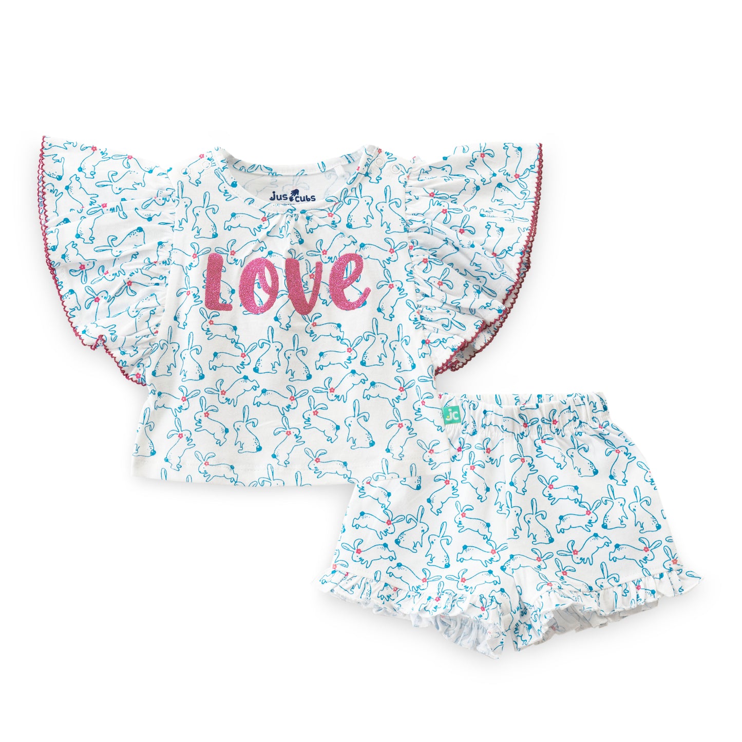 "Baby Girls' Bunny Print Cotton Top & Shorts Set – Frill Sleeves with ‘Love’ Print"