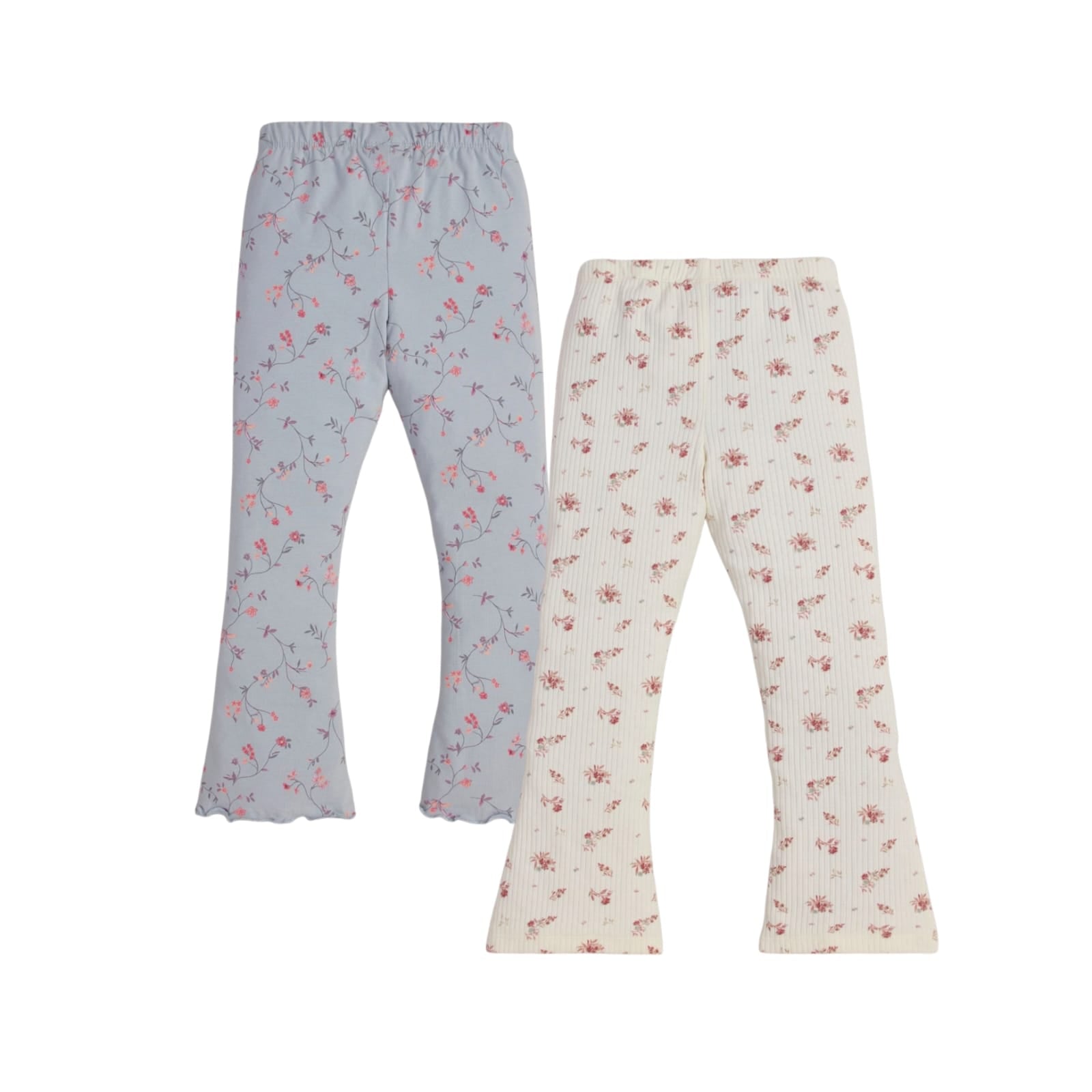 "Girls' Floral Flared Leggings - Pack of 2 (Blue & Cream)"