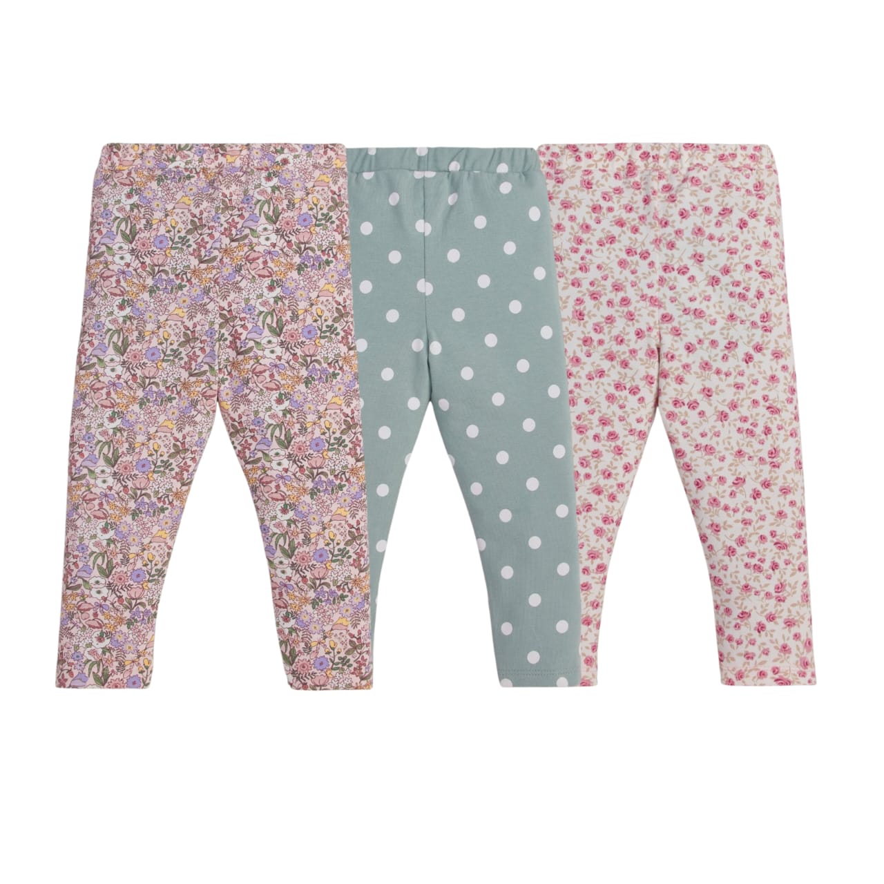 "Girls' Cotton Leggings - 3-Pack Floral & Polka Dot Print Pants"