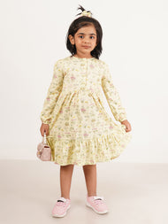 "Girls' Long Sleeve Floral Dress – Button Front, Ruffle Hem, Soft Yellow"