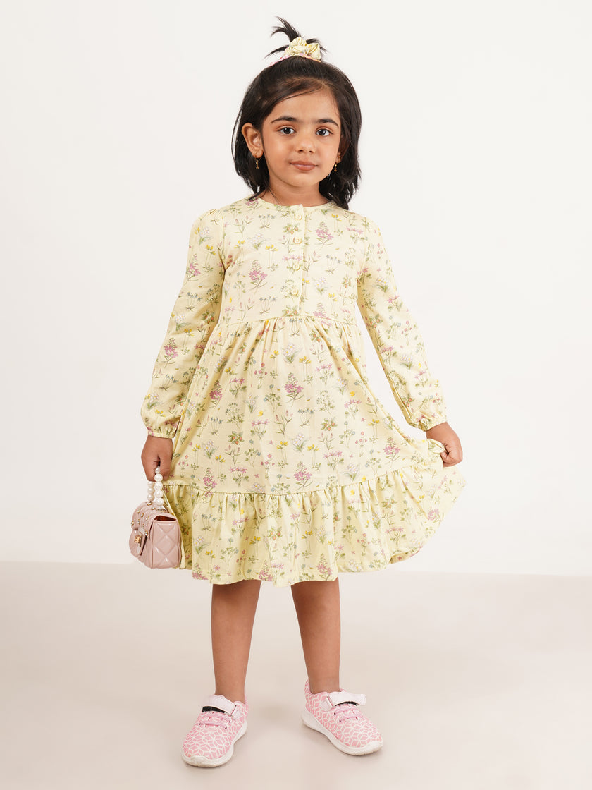 "Girls' Long Sleeve Floral Dress – Button Front, Ruffle Hem, Soft Yellow"