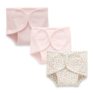 "Baby' Cotton Nappy Covers – Pack of 3 | Soft Adjustable Diaper Pants with Velcro – Pink Stripes & Floral Prints"