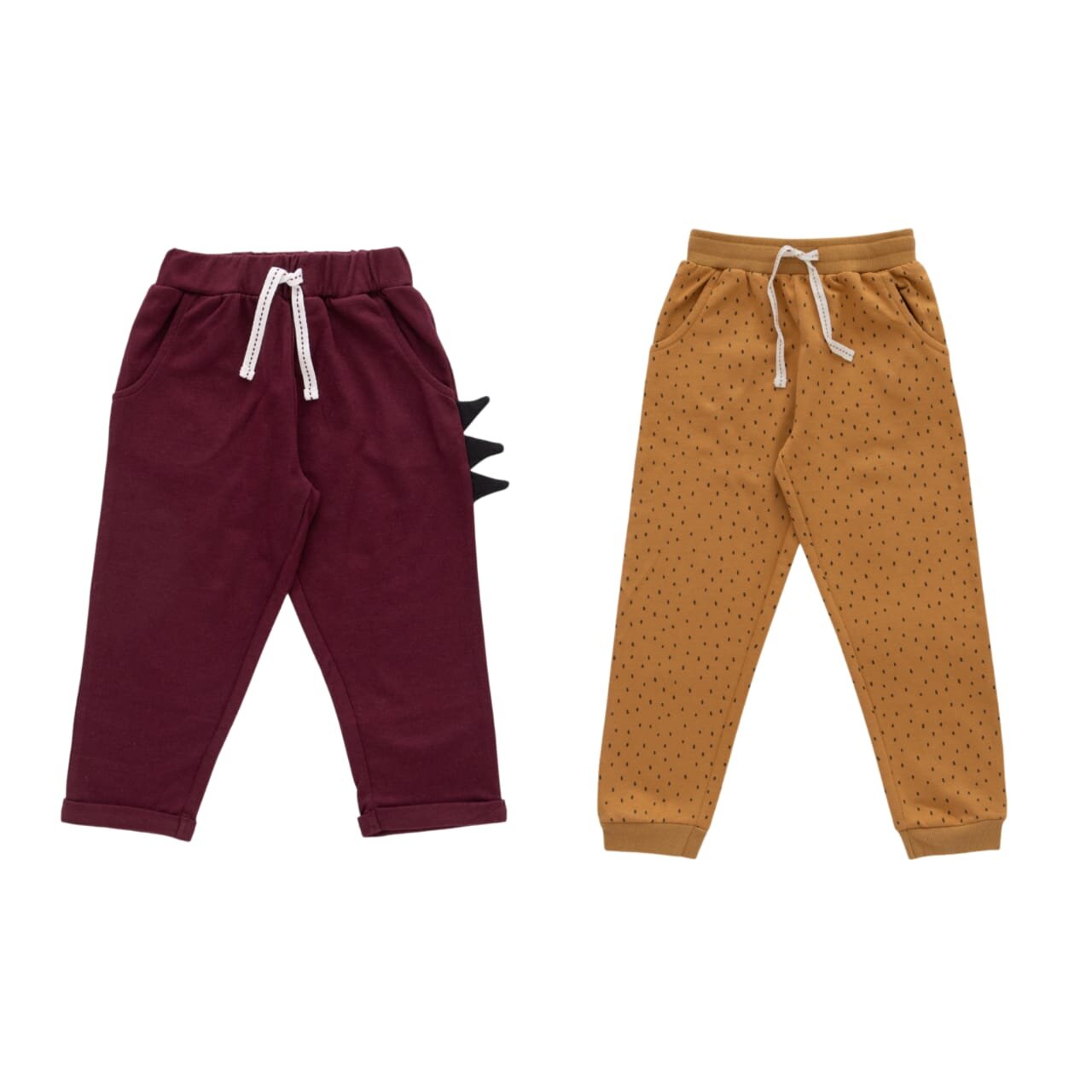 "Baby Boys' Fun Jogger Pants – Pack of 2 (Maroon Dinosaur & Mustard Printed) – Soft Cotton with Drawstring Waist"