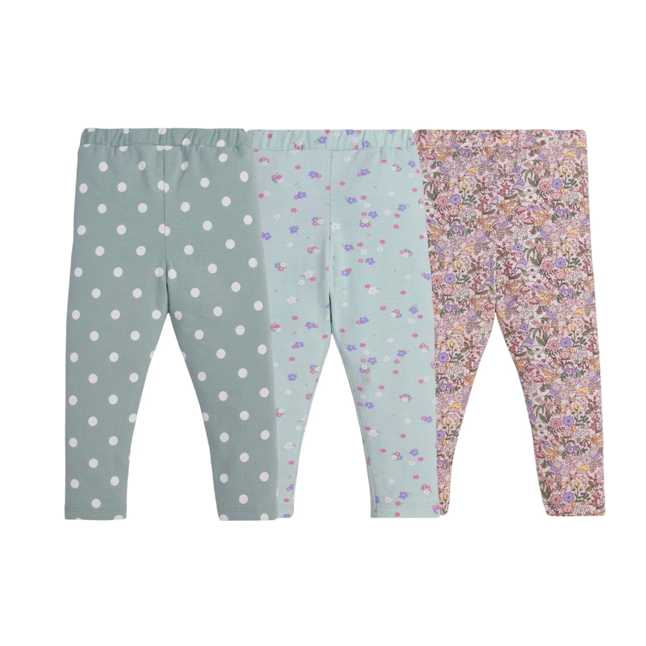 "Girls' Printed Leggings - 3-Pack Cotton Stretch Pants with Polka Dot & Floral Designs"