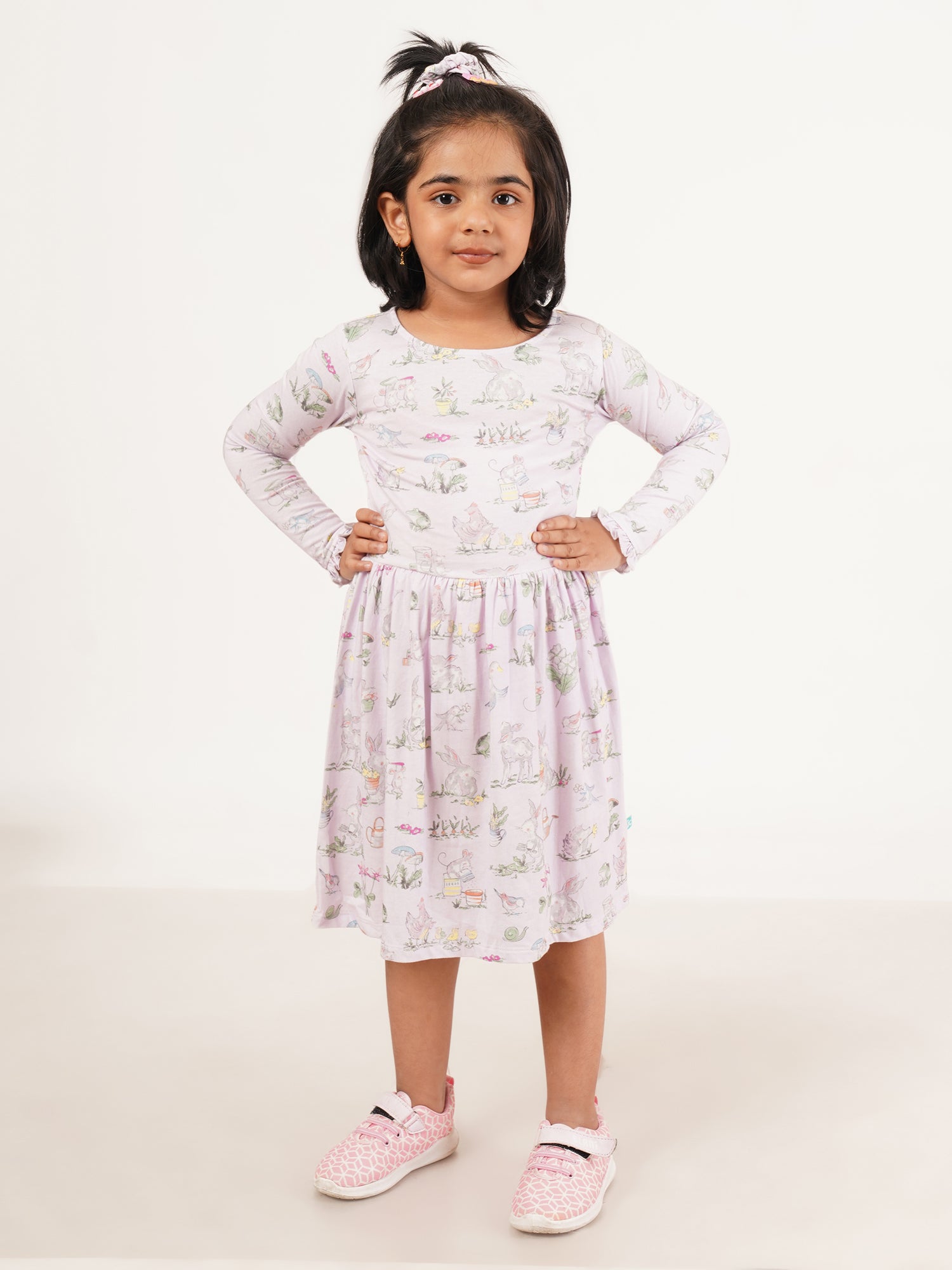 "Girls' Long Sleeve Pastel Purple Dress – Adorable Bunny & Garden Print Cotton Frock"