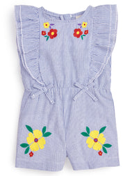 Baby Girls' Striped Ruffle Sleeve Playsuit – Blue Cotton with Colorful Floral Embroidery
