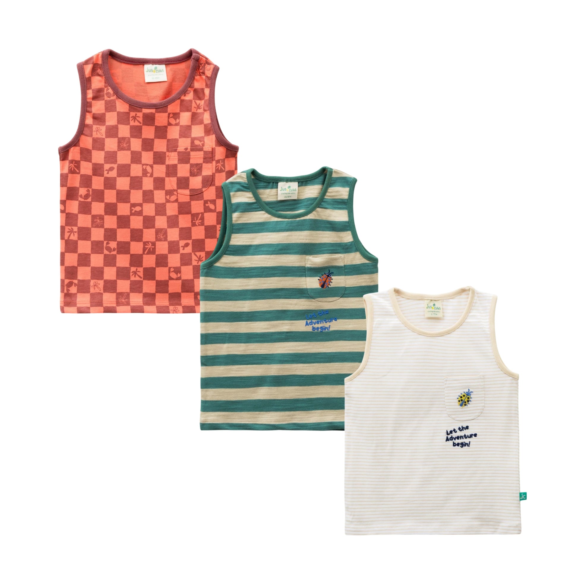 "Baby Boys' Sleeveless Cotton T-shirt Set – Pack of 3 – Striped & Printed Designs"