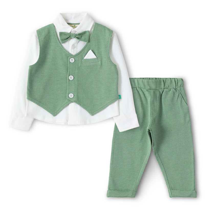 Baby Boys Green Party Wear 3-Piece Set – Shirt, Waistcoat & Bow Tie with Pants
