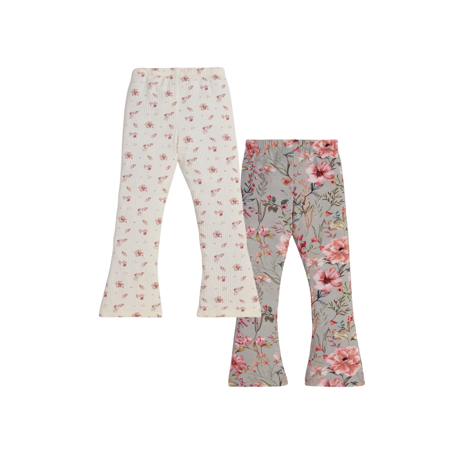 "Girls' Floral Print Flared Leggings - Pack of 2 (Cream & Multicolor)"