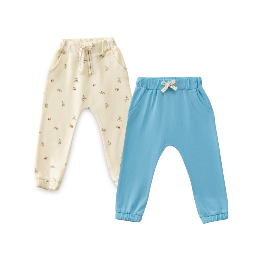 "Baby Girls' Cotton Jogger Pants - Pack of 2 (Floral Print & Solid Blue)"