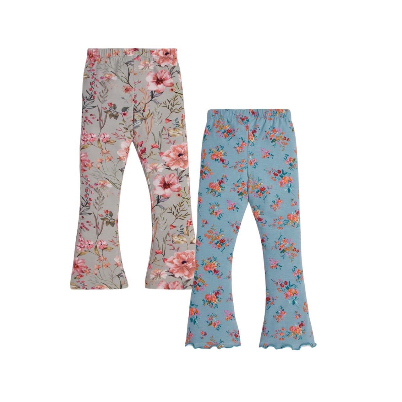 "Girls' Floral Printed Flared Leggings - Pack of 2 (Multicolor & Teal Blue)"