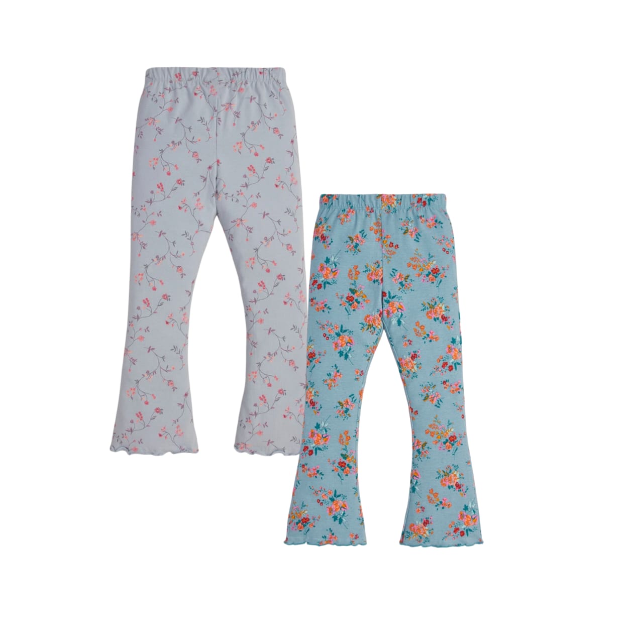 "Girls' Floral Print Bell-Bottom Leggings - Pack of 2 (Light Blue & Teal Blue)"