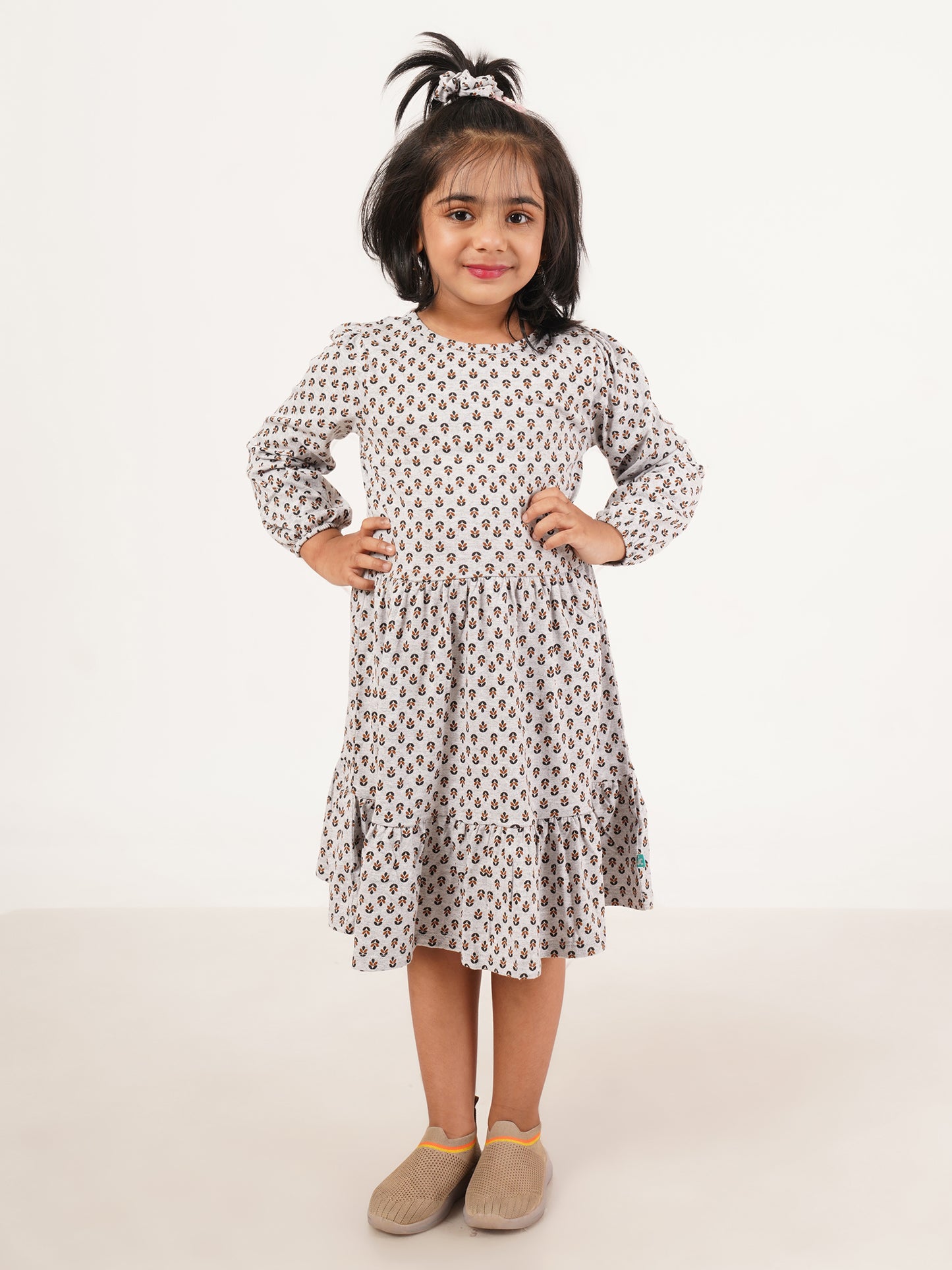 "Baby Girls' Long Sleeve Grey Floral Print Cotton Dress with Tiered Ruffle Skirt"
