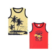 "Boys' Sleeveless Graphic T-shirt - Set of 2 (Beach Sunset & Dino School Print)"
