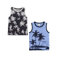 Boys’ Sleeveless Graphic T-shirt – 2-Pack Vacation Palm Tree & Sunset Island Designs