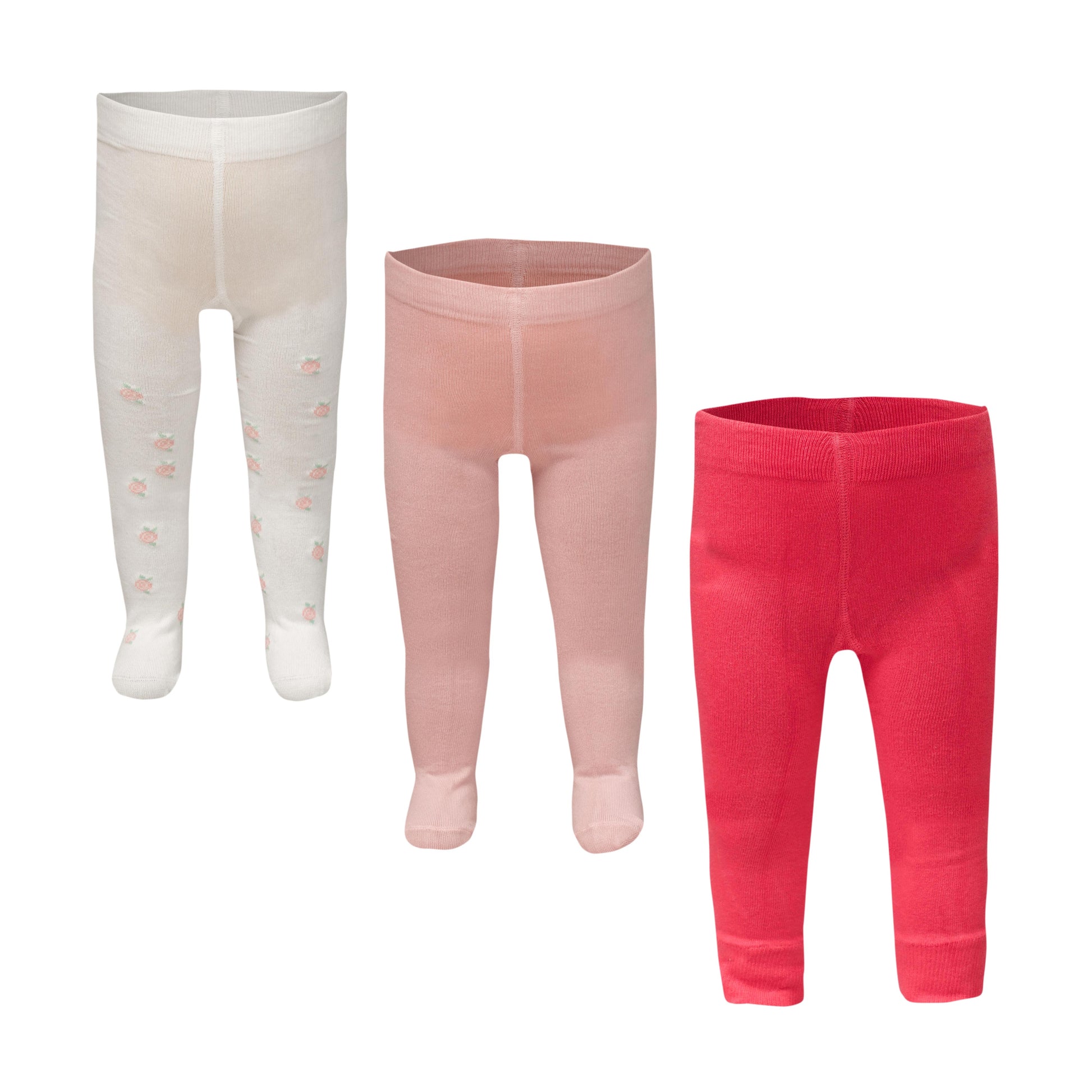 "Baby's Tights - Pack of 3 (White with Floral Print, Light Pink, Bright Pink) - Soft Cotton Blend"