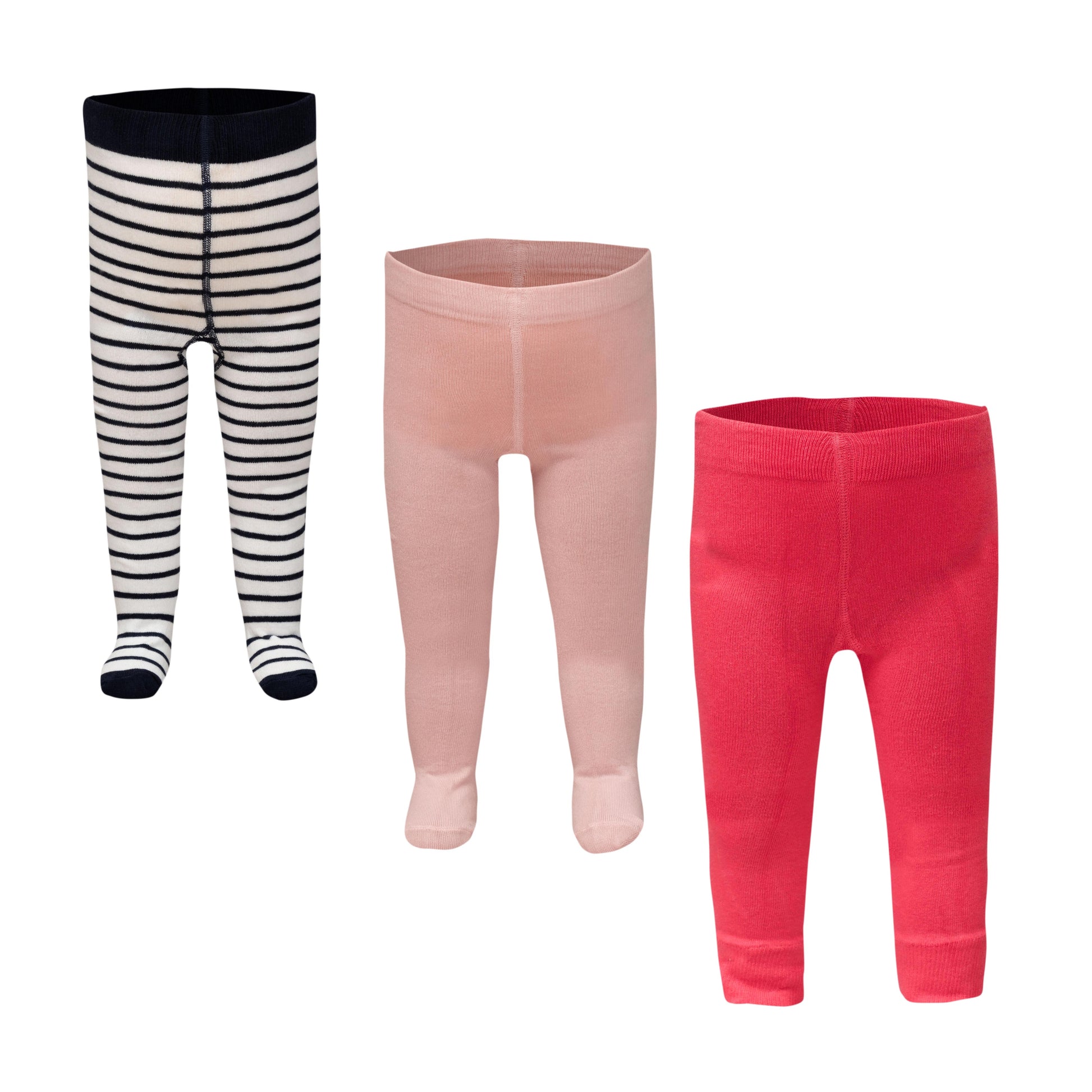"Baby's Tights - Pack of 3 (Navy Striped, Light Pink, Bright Pink) - Soft Stretch Cotton"