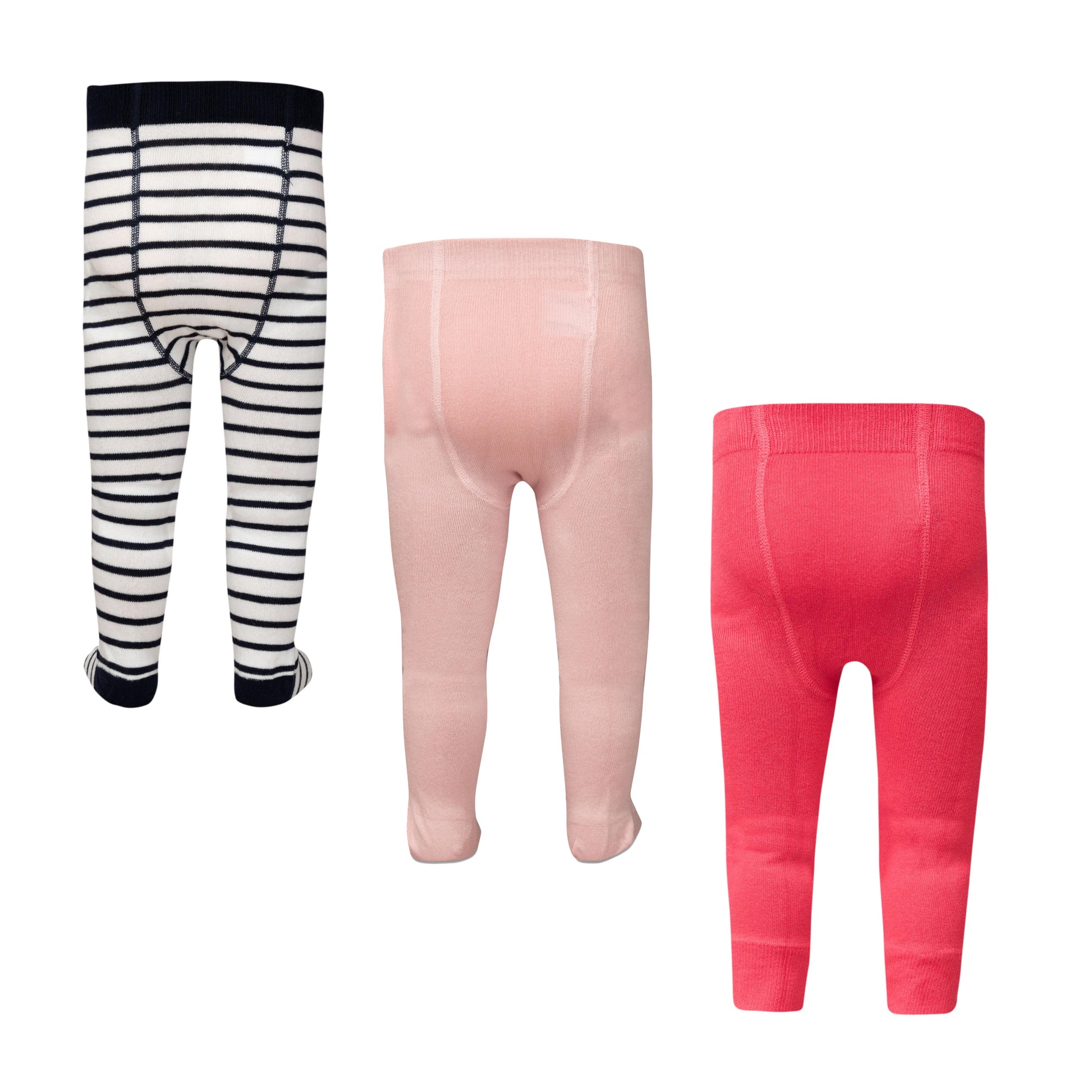 "Baby's Tights - Pack of 3 (Navy Striped, Light Pink, Bright Pink) - Soft Stretch Cotton"