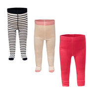 "Baby's Tights - Pack of 3 (Striped, Beige, Coral Red) - Soft Cotton Blend"