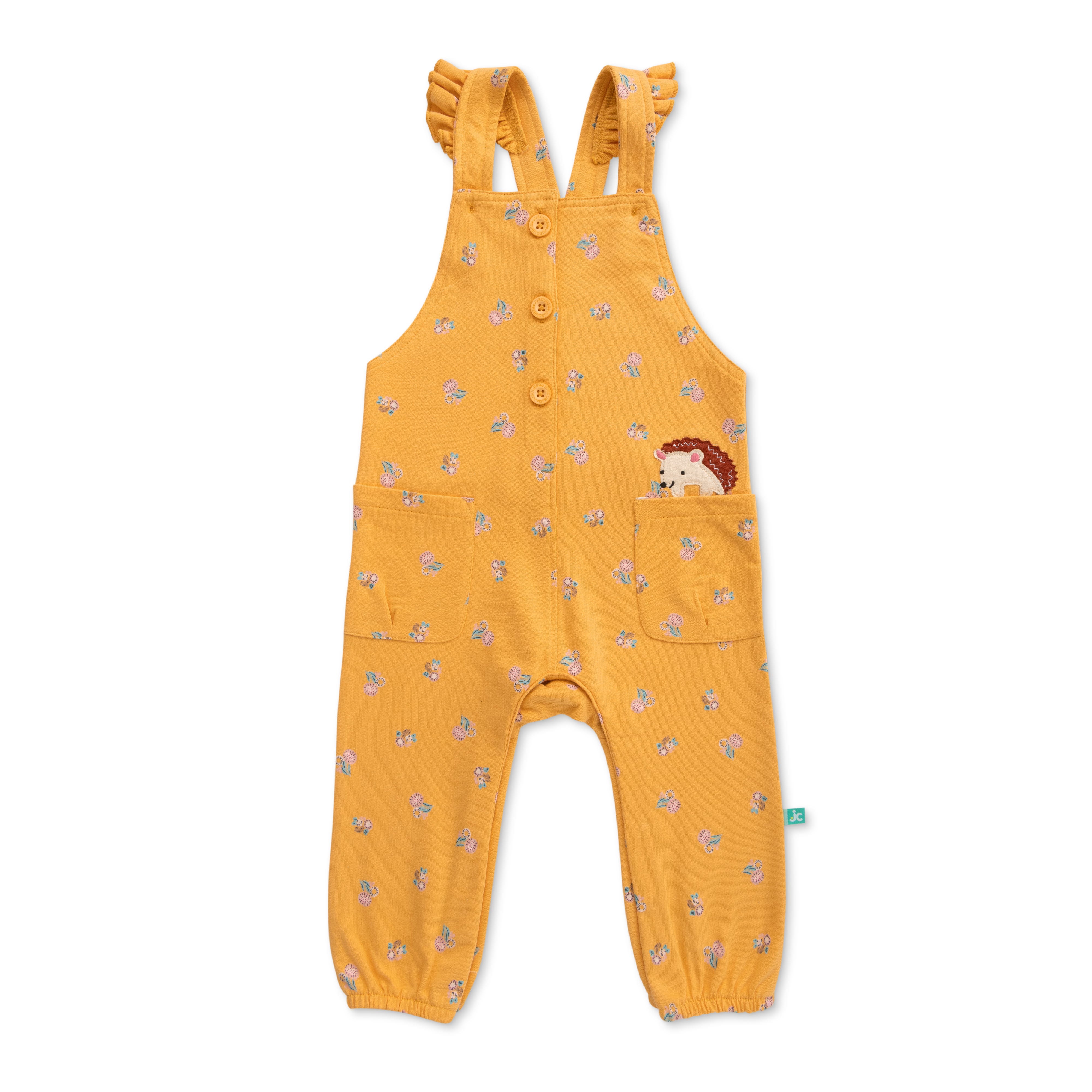Baby Girls' Yellow Dungaree Set with Hedgehog Patch and Pink T-Shirt