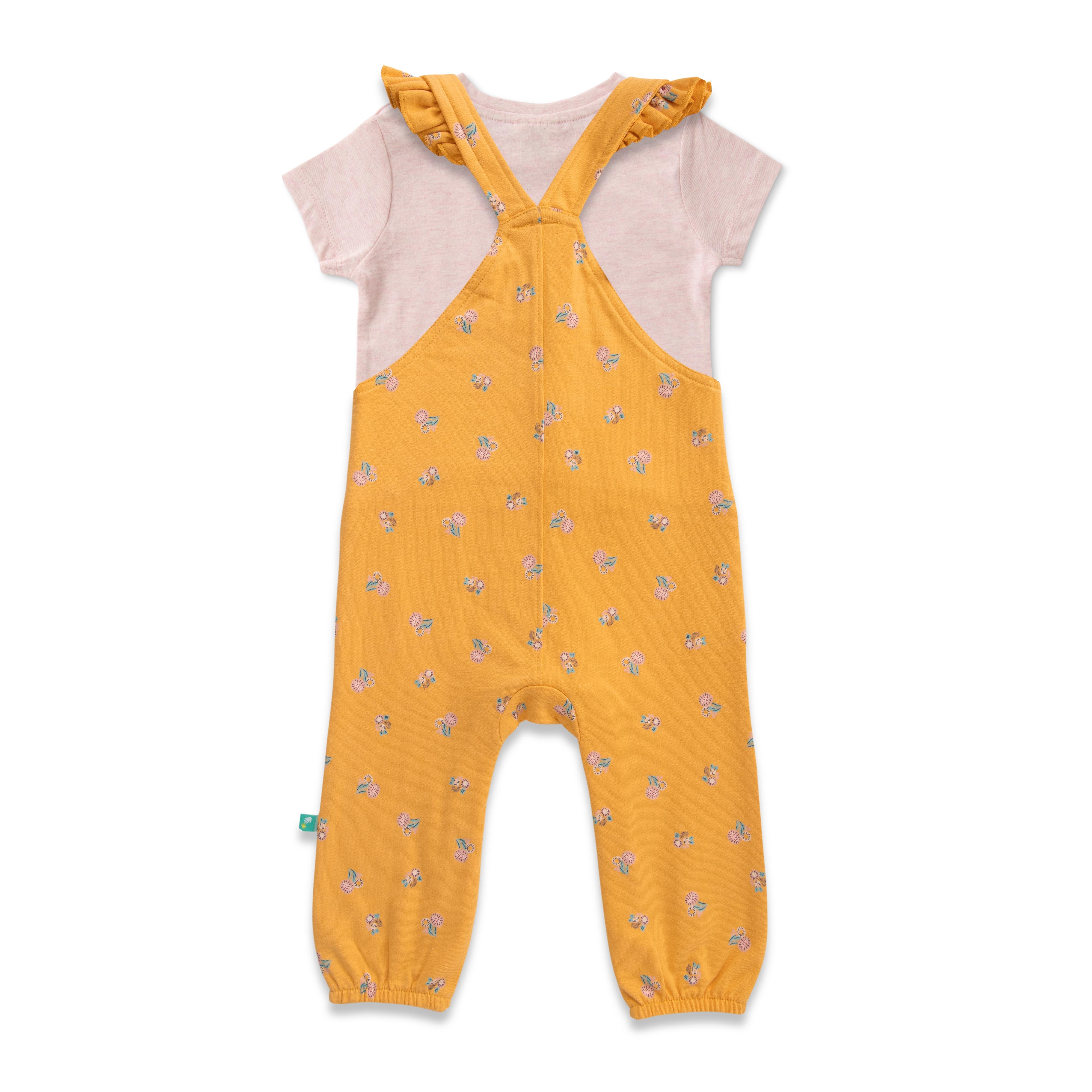 Baby Girls' Yellow Dungaree Set with Hedgehog Patch and Pink T-Shirt