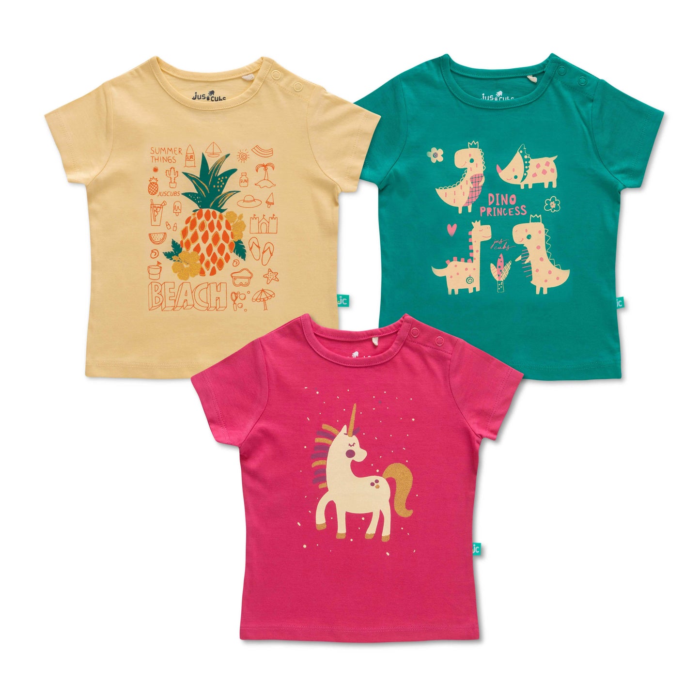 "Baby Girls' T-Shirt Combo – Pack of 3 with Beach, Dino & Unicorn Prints"