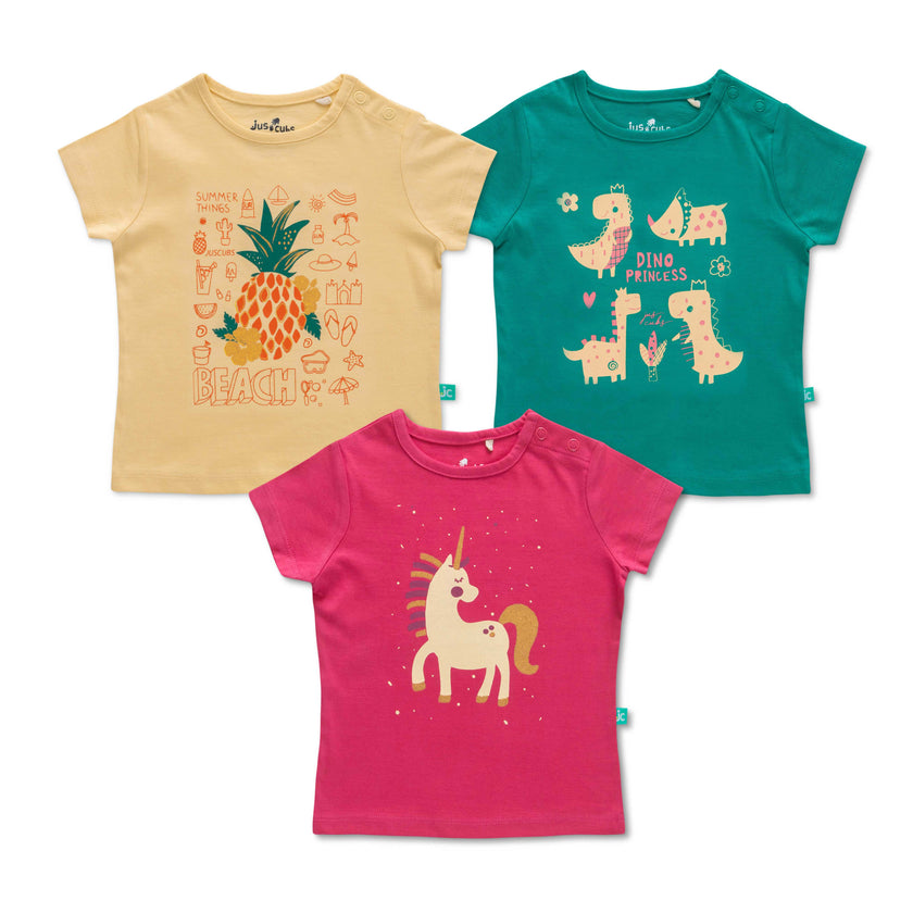 "Baby Girls' T-Shirt Combo – Pack of 3 with Beach, Dino & Unicorn Prints"