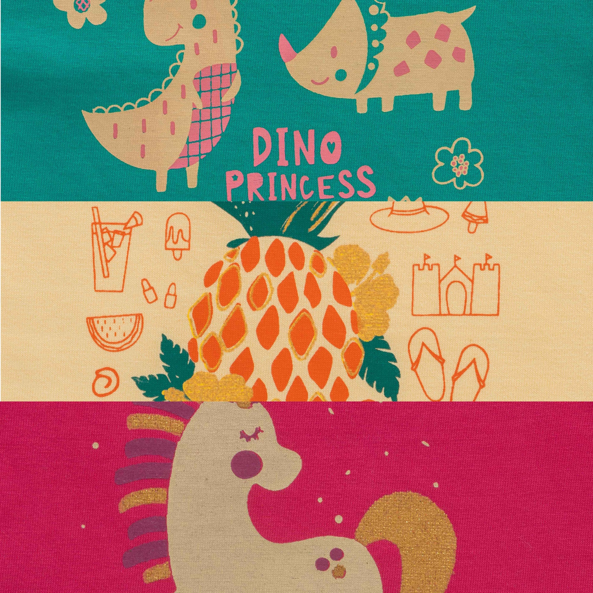 "Baby Girls' T-Shirt Combo – Pack of 3 with Beach, Dino & Unicorn Prints"