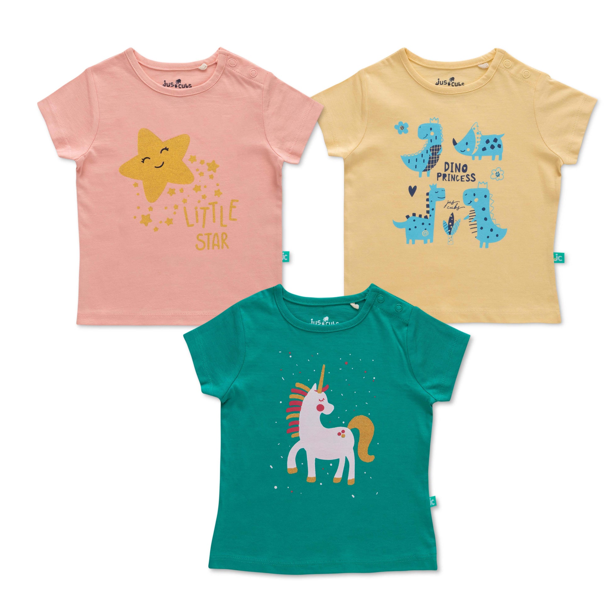 "Baby Girls' Cotton T-Shirt Set – Pack of 3 with Star, Dino & Unicorn Prints"