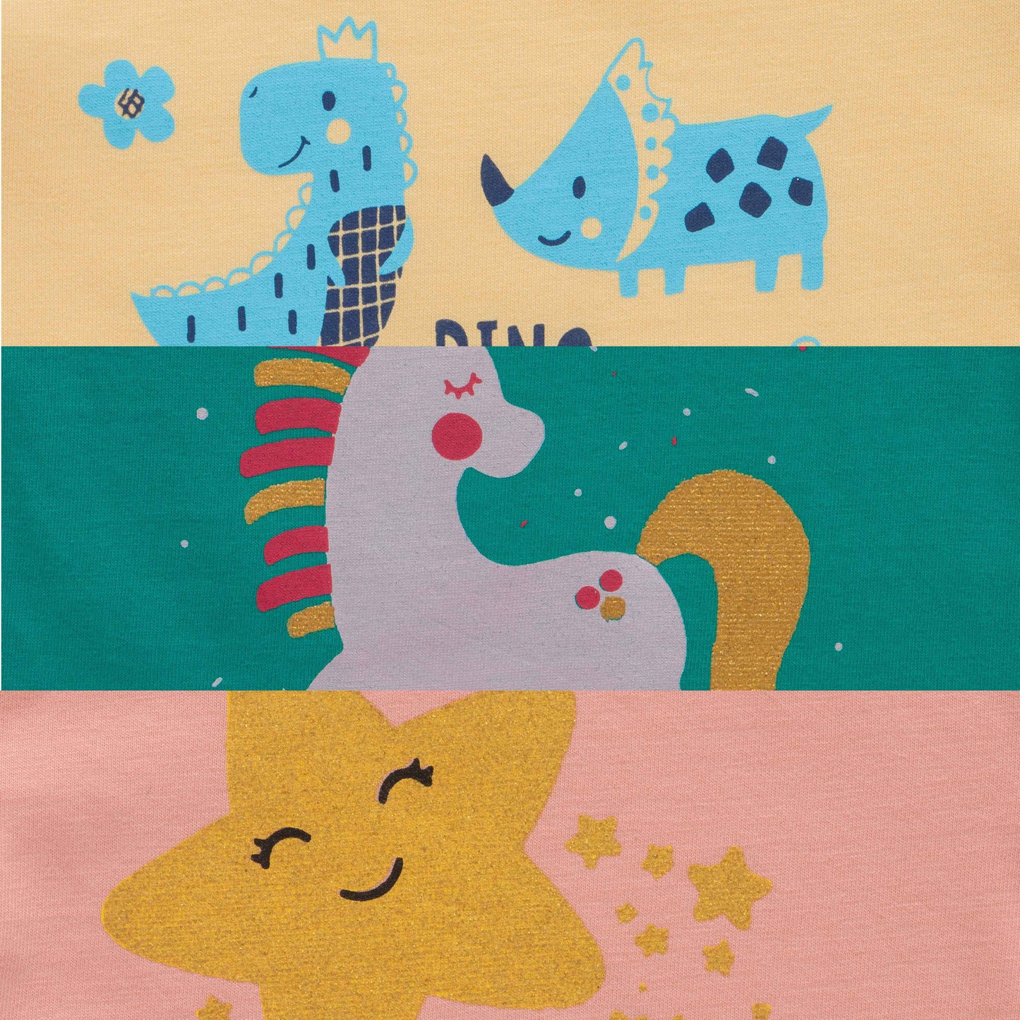 "Baby Girls' Cotton T-Shirt Set – Pack of 3 with Star, Dino & Unicorn Prints"