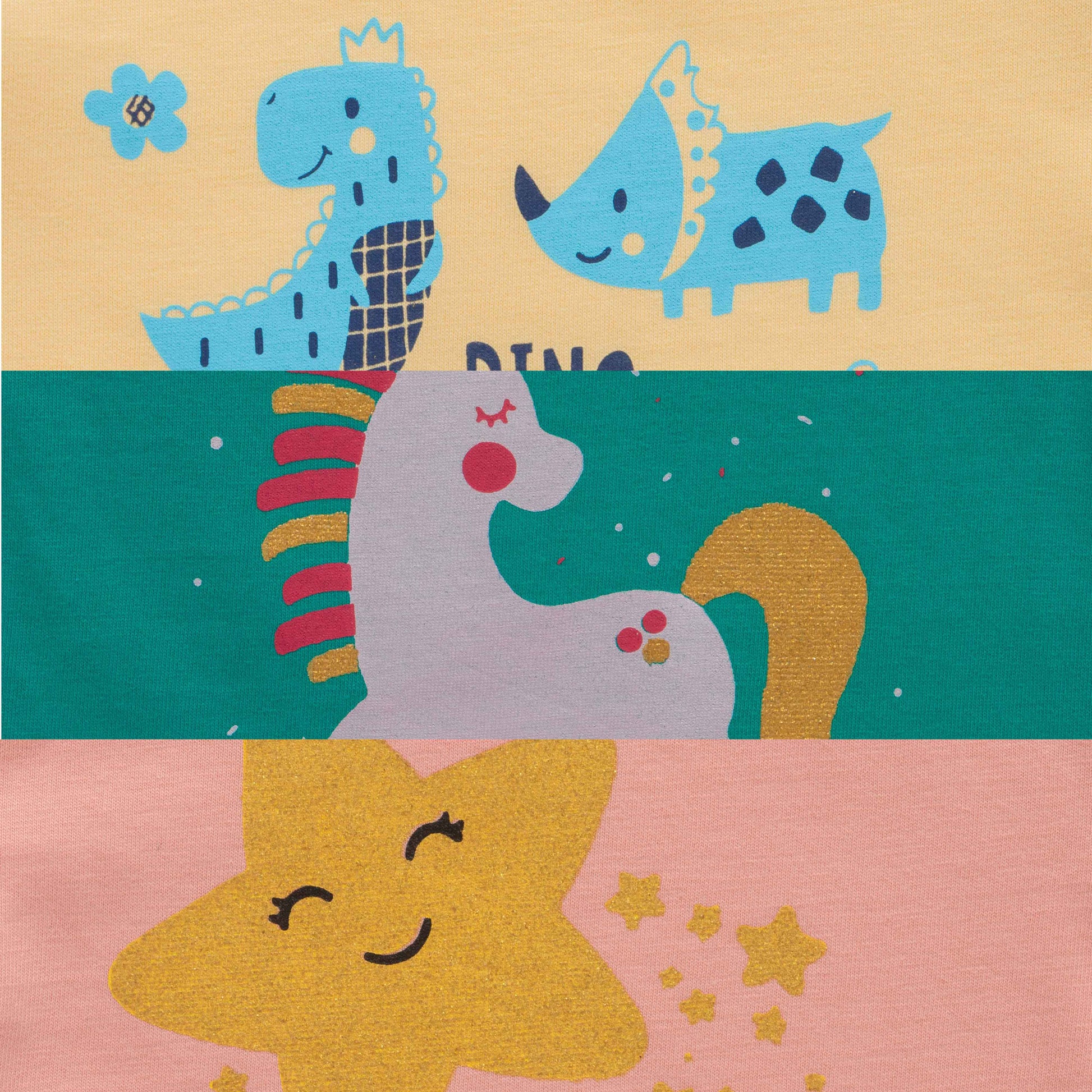 "Baby Girls' Cotton T-Shirt Set – Pack of 3 with Star, Dino & Unicorn Prints"