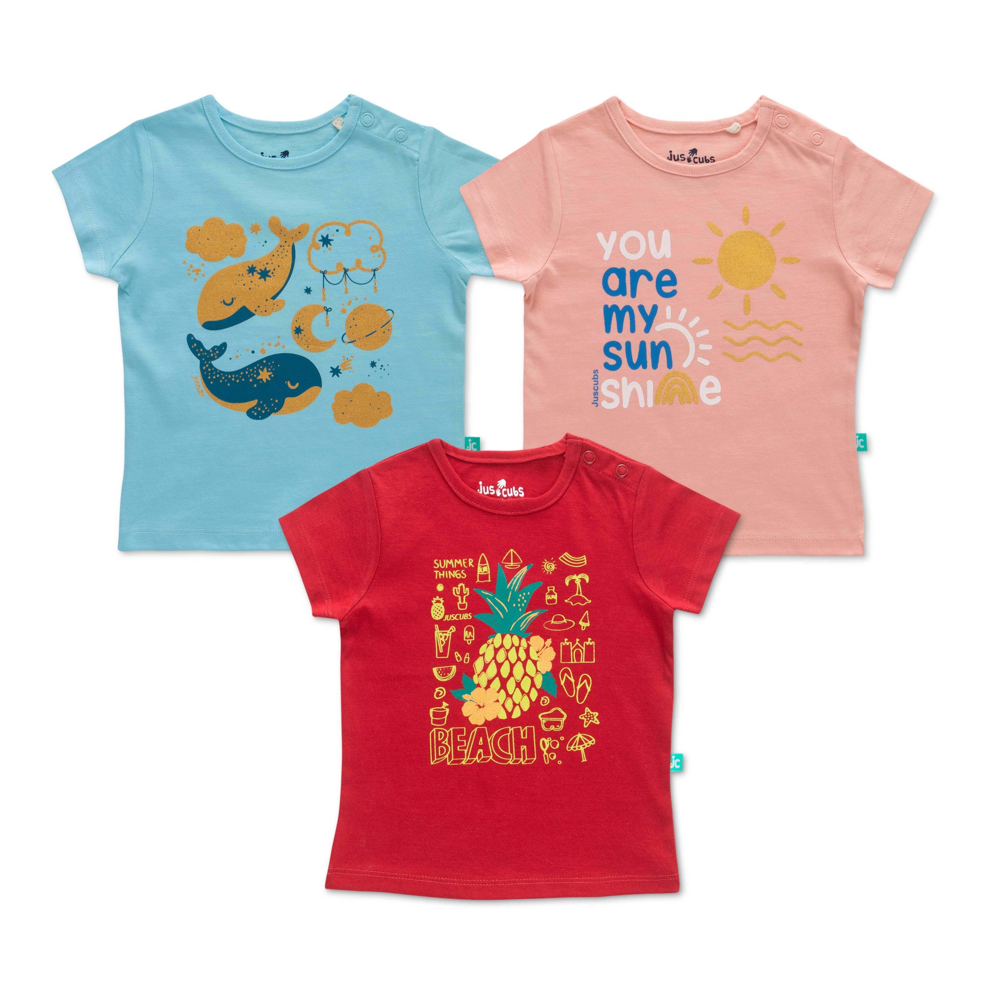 "Baby Girls' T-Shirt Set – Pack of 3 Cotton Tees with Whale, Sunshine & Beach Prints"