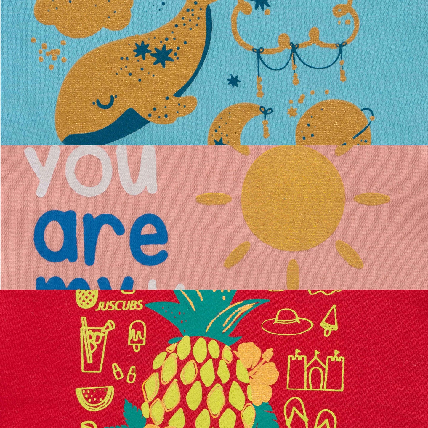 "Baby Girls' T-Shirt Set – Pack of 3 Cotton Tees with Whale, Sunshine & Beach Prints"