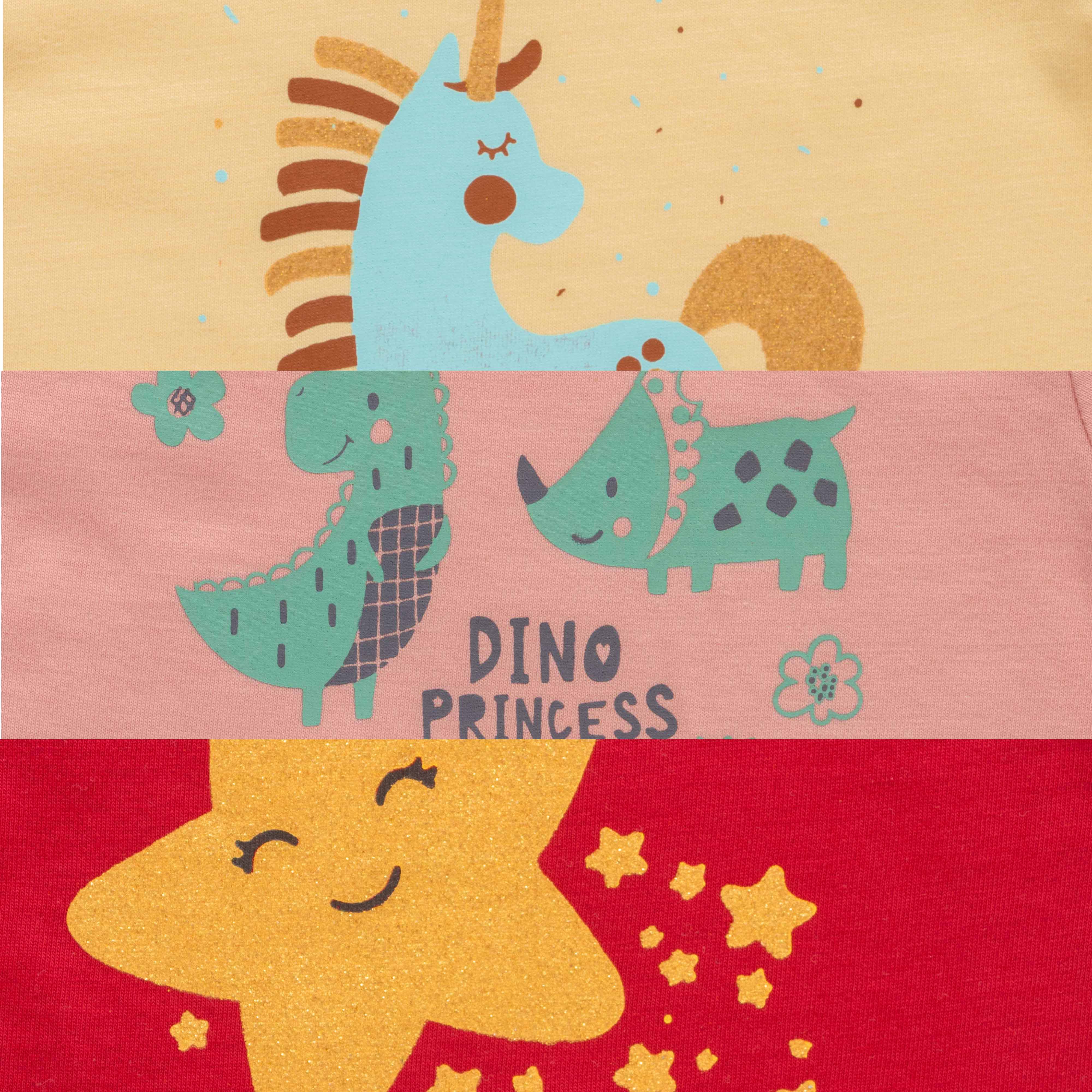 "Baby Girls' Cotton T-Shirt Set – Pack of 3 with Unicorn, Dino & Star Prints"