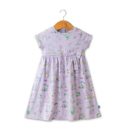 Baby Girls' Cap Sleeve Cotton Dress – Lilac Bunny & Garden Print with Bow Detail