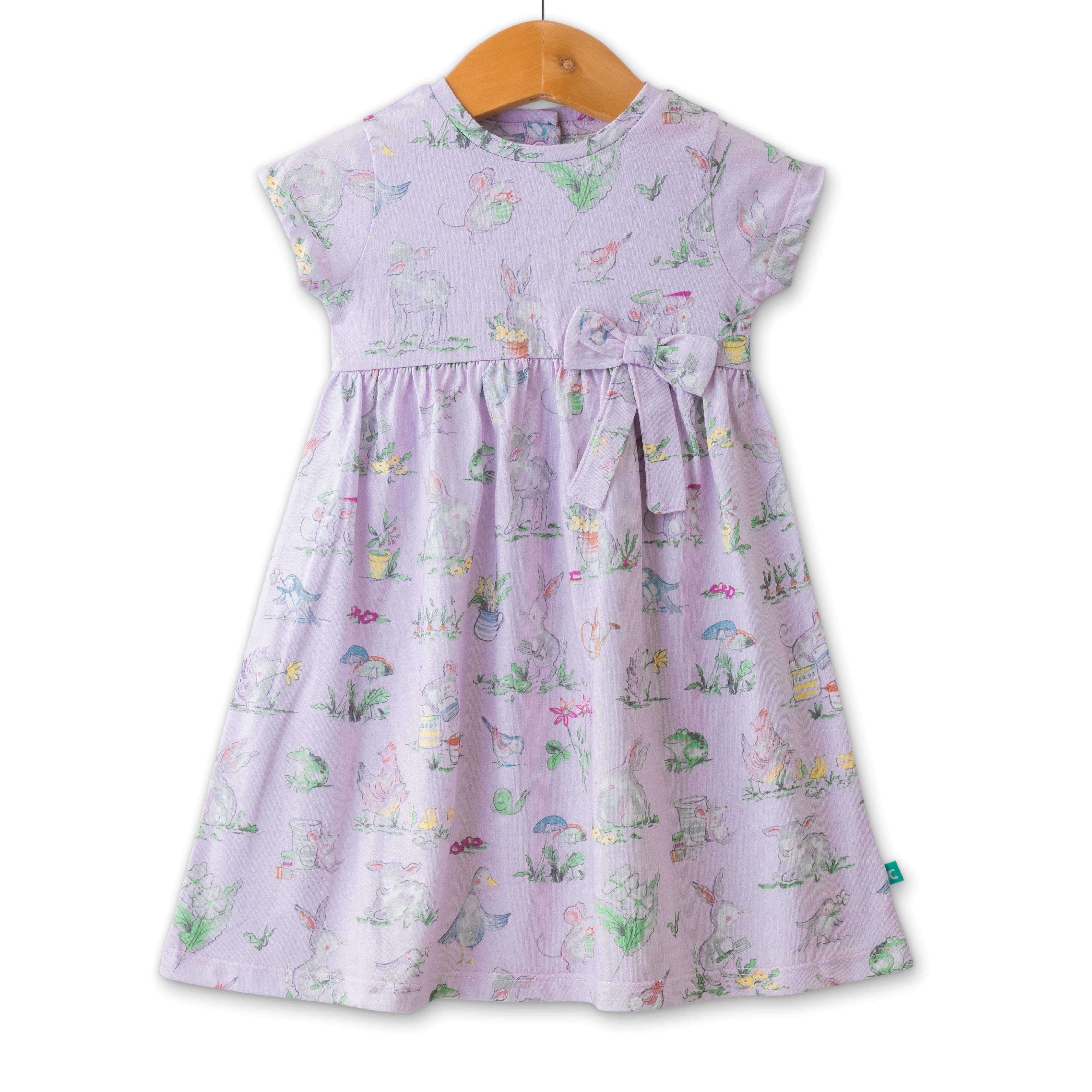 Baby Girls' Cap Sleeve Cotton Dress – Lilac Bunny Garden Print