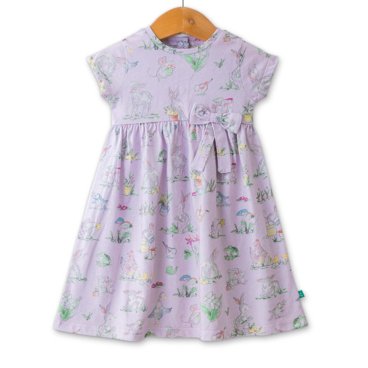 Baby Girls' Cap Sleeve Cotton Dress – Lilac Bunny & Garden Print with Bow Detail